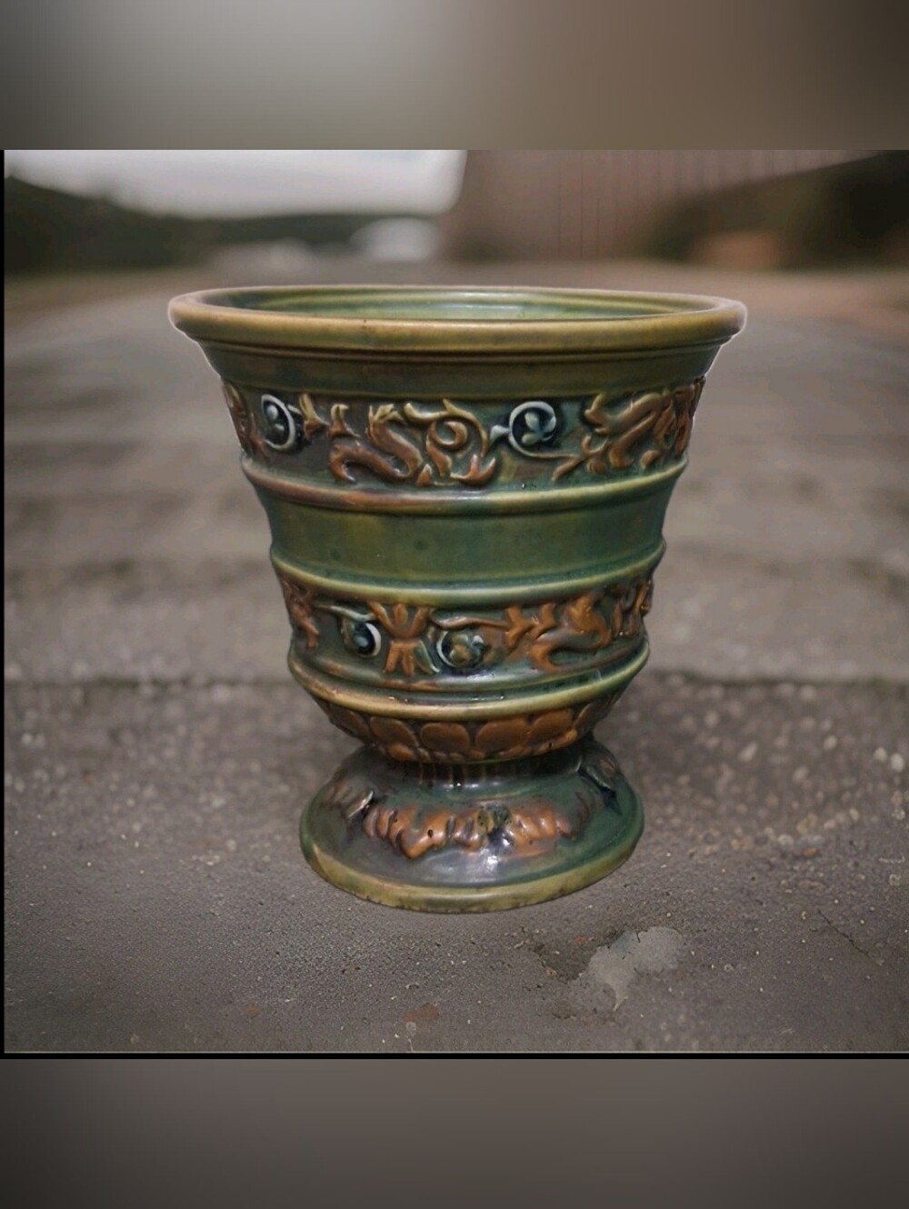 Unmarked Green & Brown Floral Pottery Pedestal Planter Embossed Design MCM